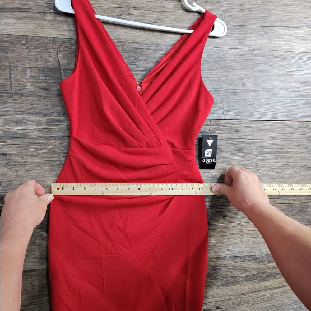 GUESS Red Draped V-Neck Midi Dress - Picture 6 of 13